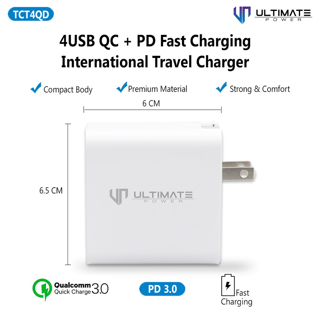 Kepala Charger Ultimate Power 4USB QC+PD Fast Charging International Travel Charger original100%