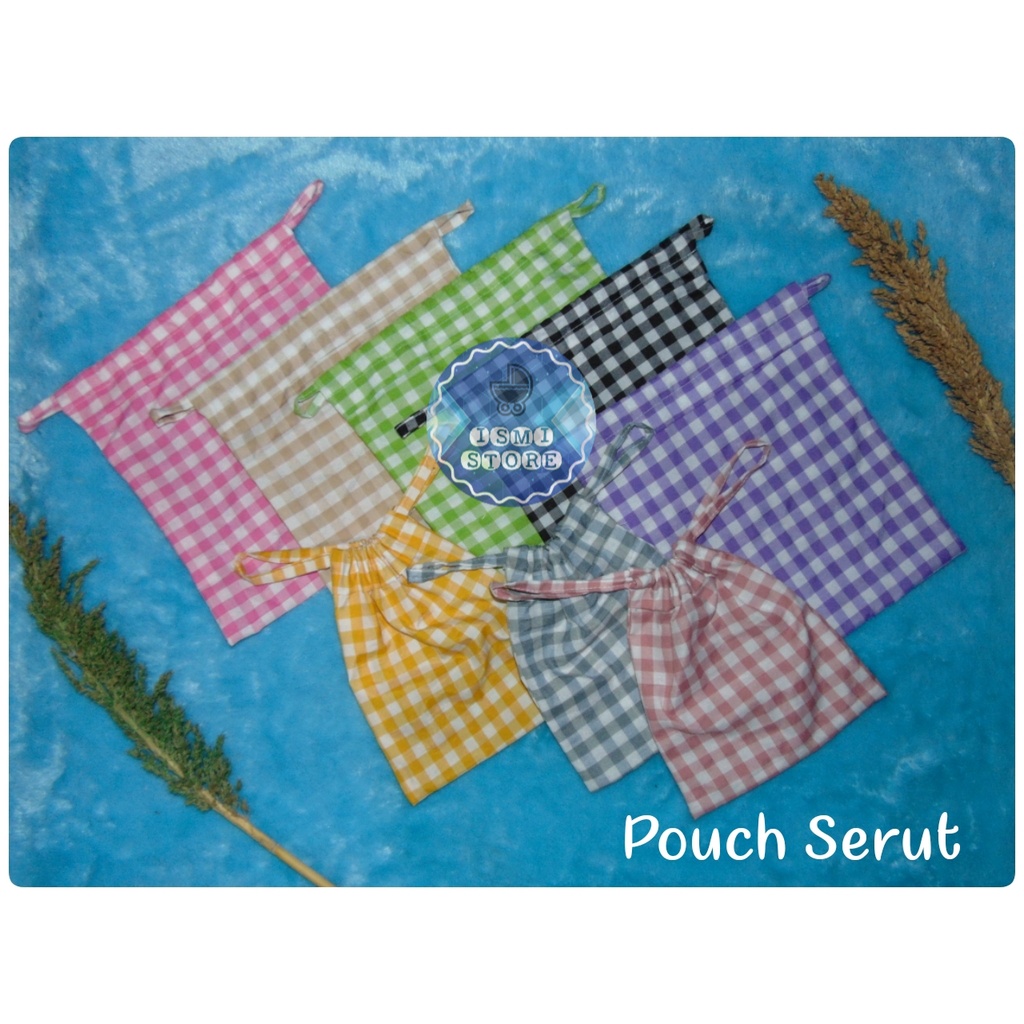 Tas Serut / Pouch Serut Unik Motif Kotak-Kotak Gingham Lucu Gaya Korea Bahan Katun Ukuran Besar dan Kecil by Ismi Store