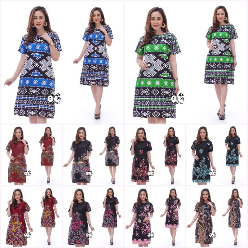 Jual Baju Dress Wanita Modern Model Terbaru Motif Batik Lengan Pendek Selutut Party Natal