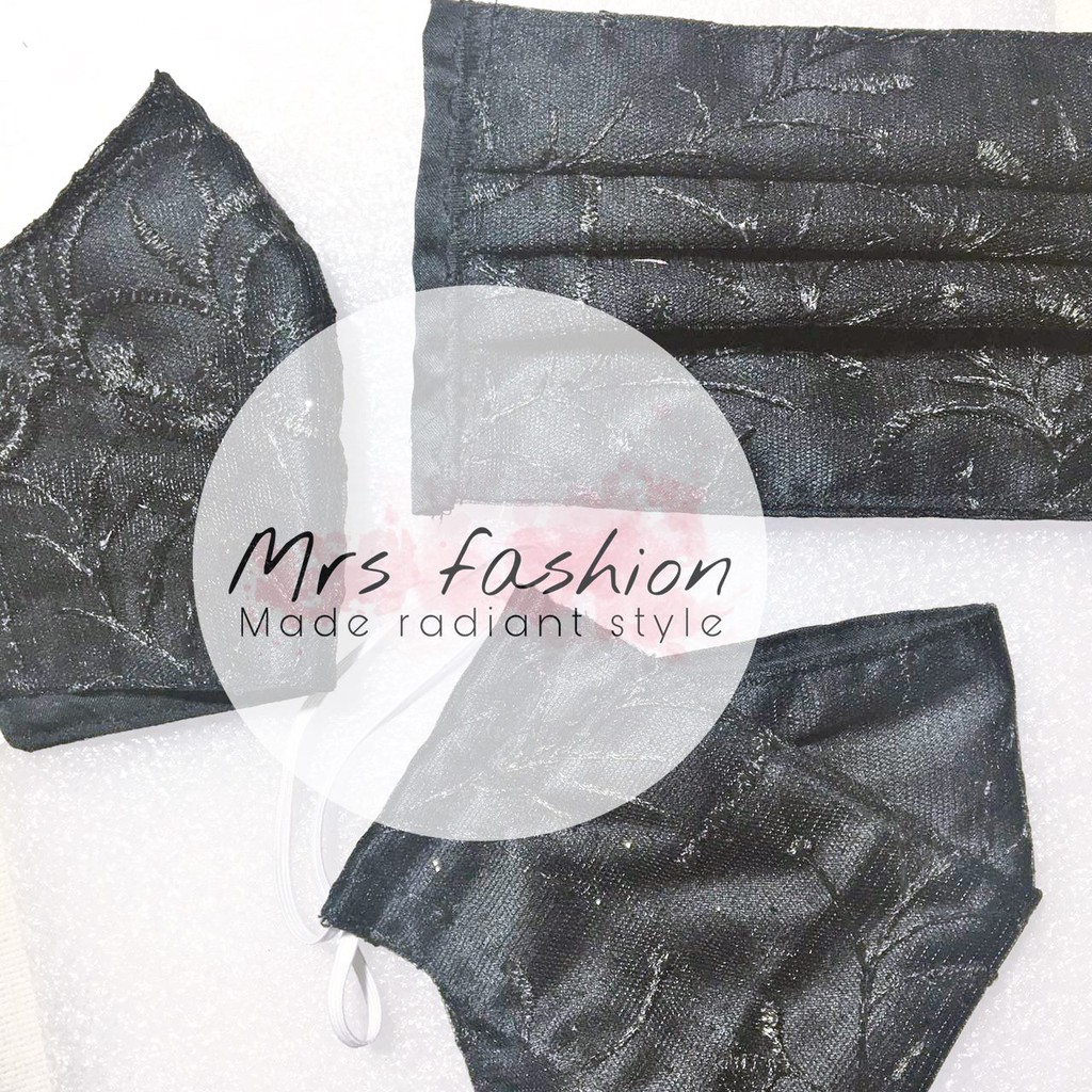 masker kain pesta kondangan hijab tiga 3 lapis brokat brukat tile tule mix katun hitam - COD
