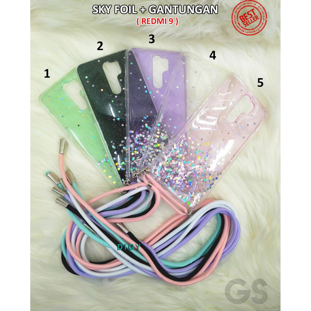 Sale REDMI 9 9A 9C Termurah Terbaru Case glitter plus gantungan Sky Foil Tali Hp Lanyard Rope