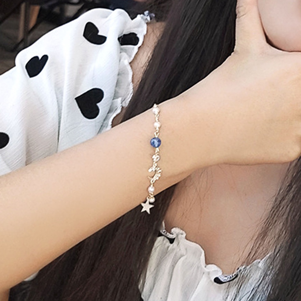 Hu Hu Hu Hu Hu Alat Bantu Pasang Kacamata♡ Gelang Rantai Tipis Adjustable Dengan Charm Bintang + Bulan + Mutiara Imitasi Untuk Pasangan