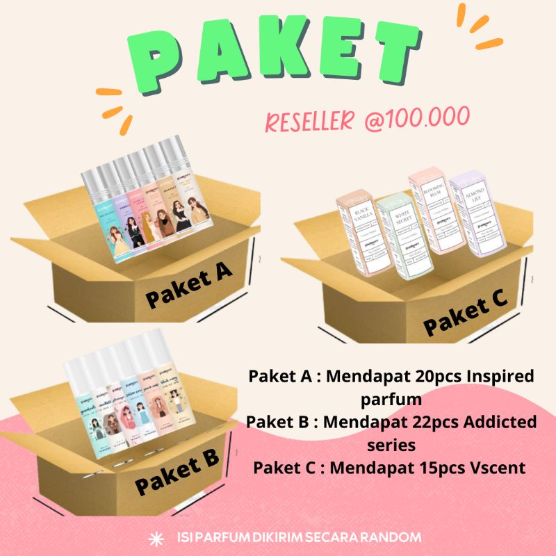 Paket Usaha Paket Reseller Parfum by Geamoore Inspired Parfum Addicted series dan Vscent Parum roll 