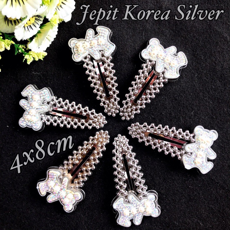 JEPIT KOREA SILVER Beruang Per pcs 4x8cm Jepit Tik tok Kekinian Aksesoris Rambut