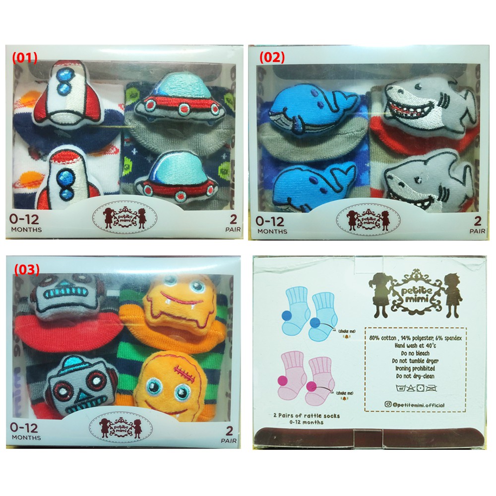 Kaos kaki Rattle Petite Mimi 2pairs Kaos kaki boneka bayi 0-12m newborn