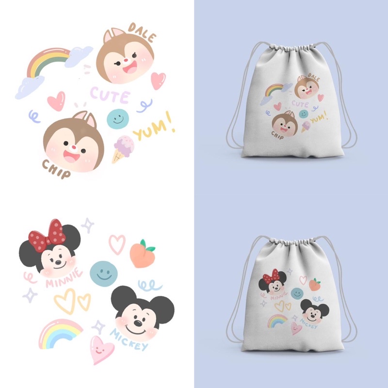 Tas Serut atau String Bag Bergambar Cute Doodle Disneyy/Toy Story/ Winnie the Pooh/ Stitch/ Monster inc/ Chipmunk/ Micky Mouse