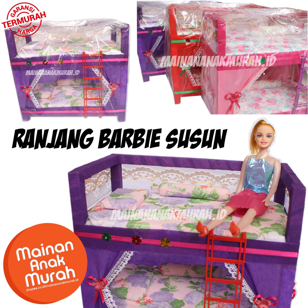 Ranjang Kasur Tempat Tidur Kayu Boneka  Barbie  Kelambu 