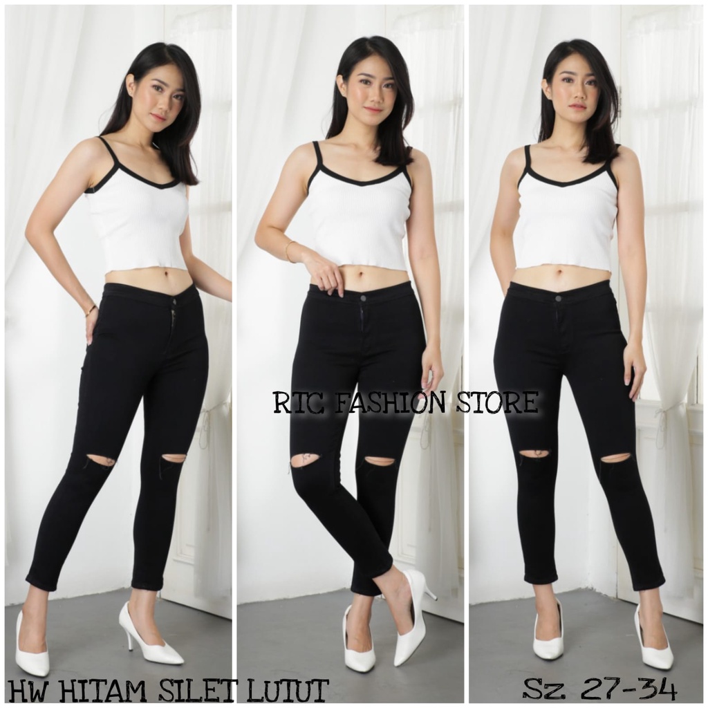 RTC / CELANA JEANS WANITA HIGH WAIST HITAM SOBEK LUTUT STRETCH / HW HITAM SOBEK LUTUT TERBARU