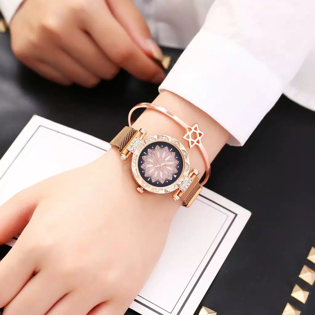 ✅[COD] Ready Stock！Jam Tangan Quartz Analog Motif Bunga dengan Strap Mesh Stainless Steel  W35