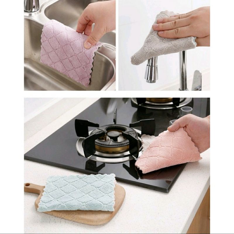 Kain Lap Cuci Piring Anti Minyak Serbaguna Bahan Microfiber Kain Lap Serap Air Warna Random ( Surabaya ) ( COD )