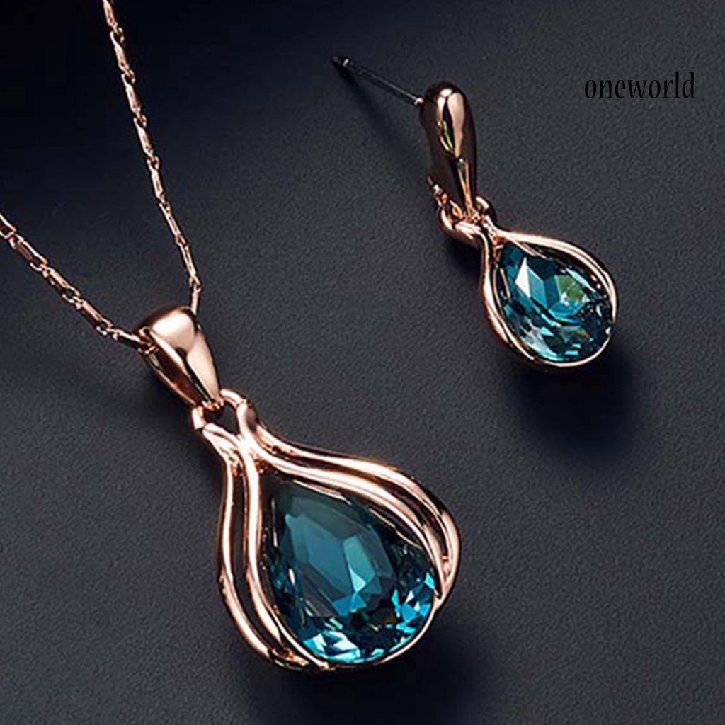 OW@ Women Cubic Zirconia Water Drop Pendant Necklace Ear Stud Earrings Jewelry Set