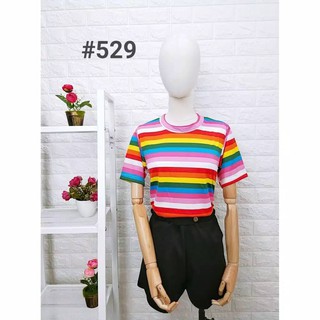  KAOS  T SHIRT BAJU  WANITA O NECK MOTIF GARIS PELANGI SWEET 