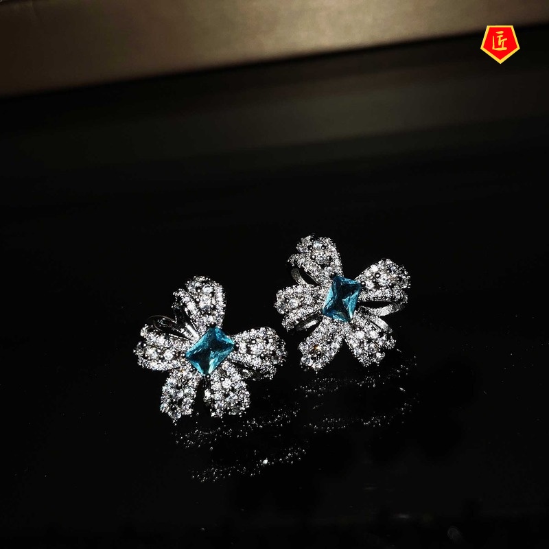 [Ready Stock]Natural Topaz Bow Necklace Set Rings Stud Earrings