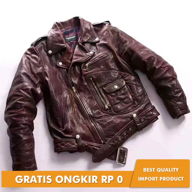 Jaket Kulit Pria Locomotive J22 horse skin leather clothes men and women lovers' Polo diagonal zippe