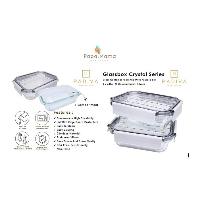 Padiva 640ml Silver (2pcs) Crystal Glassbox 1 compartment (GBC640SS)