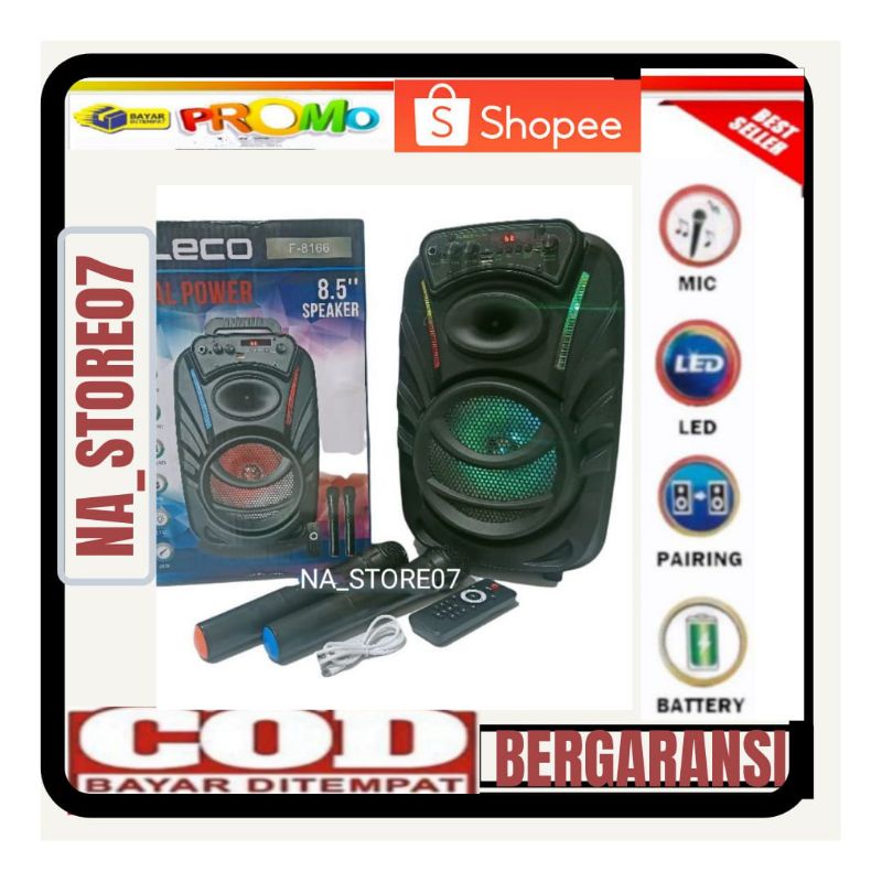 Speaker Fleco Karaoke Bluetooh Wireless Fleco F-8166 Dual Power 8.5 inchi Fm Gratis 2 mic wireless O