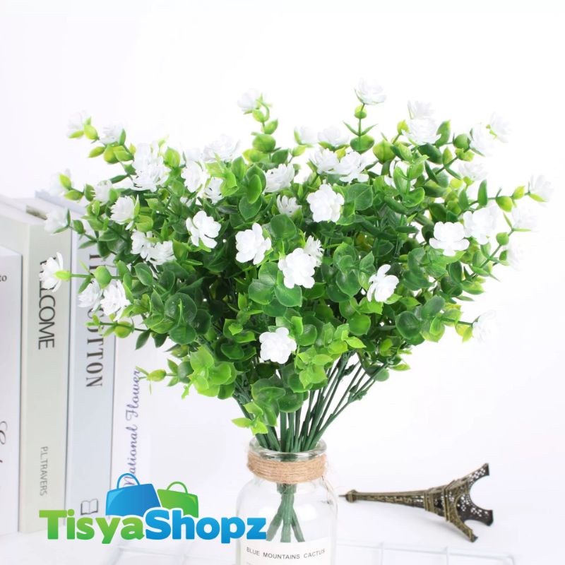 Bunga Eucalyptus Rose 7 Cabang / Camellia Daun Dollar Daun Hiasan Artificial [ TANPA POT ]