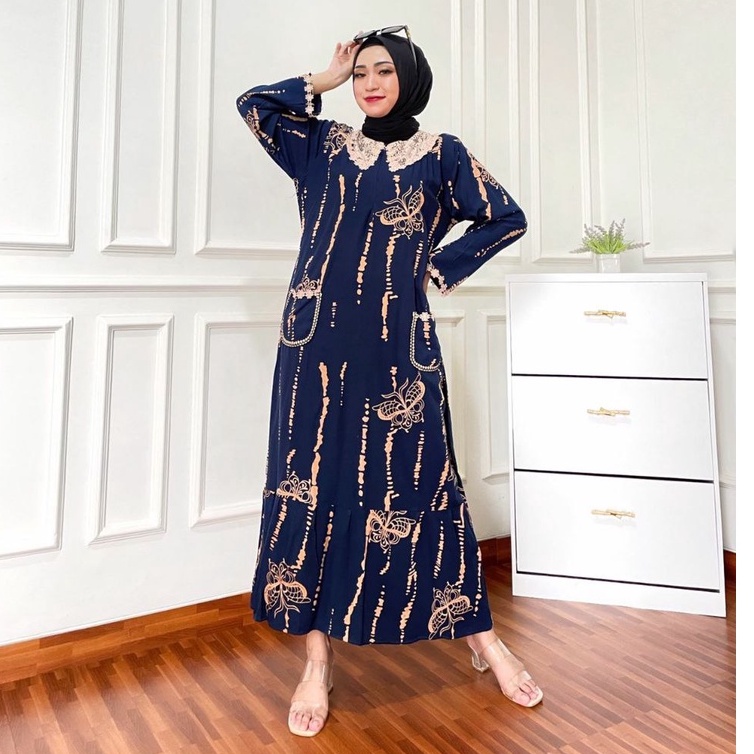 Daster Arab Kupu Rintik Longdress Wanita Dewasa Kekinian Terbaru 2021 2022 Bahan Rayon Lengan Panjang Ld 100 110 Model Arabian Renda Busui Resleting Motif Kupu Rintik Size L XL Murah Harga Grosir-2