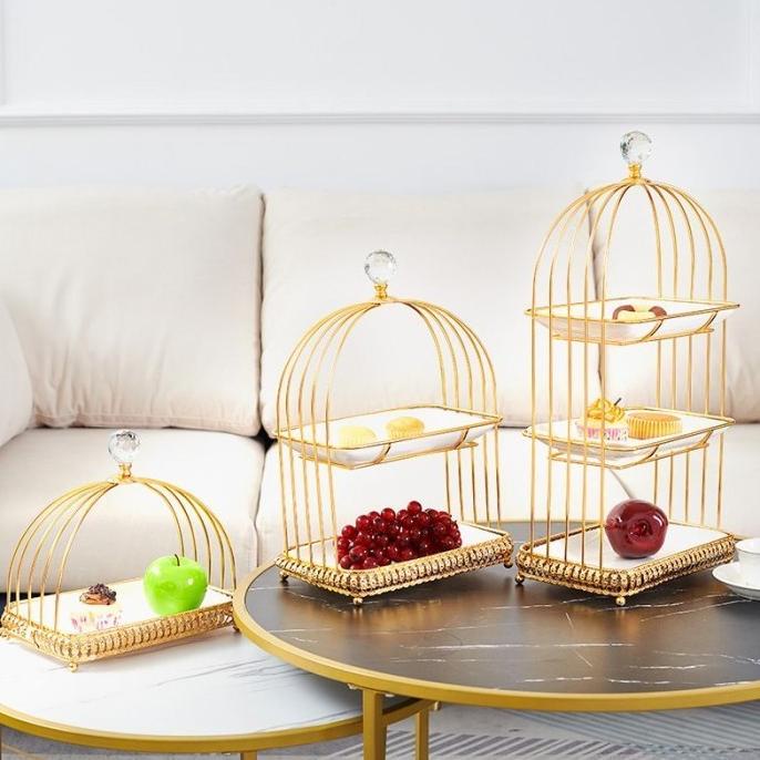 Ceramic Stand Cake Plate Bird Cage Tempat Kue Gold/ Tray Buah 3Tingkat Paramochy