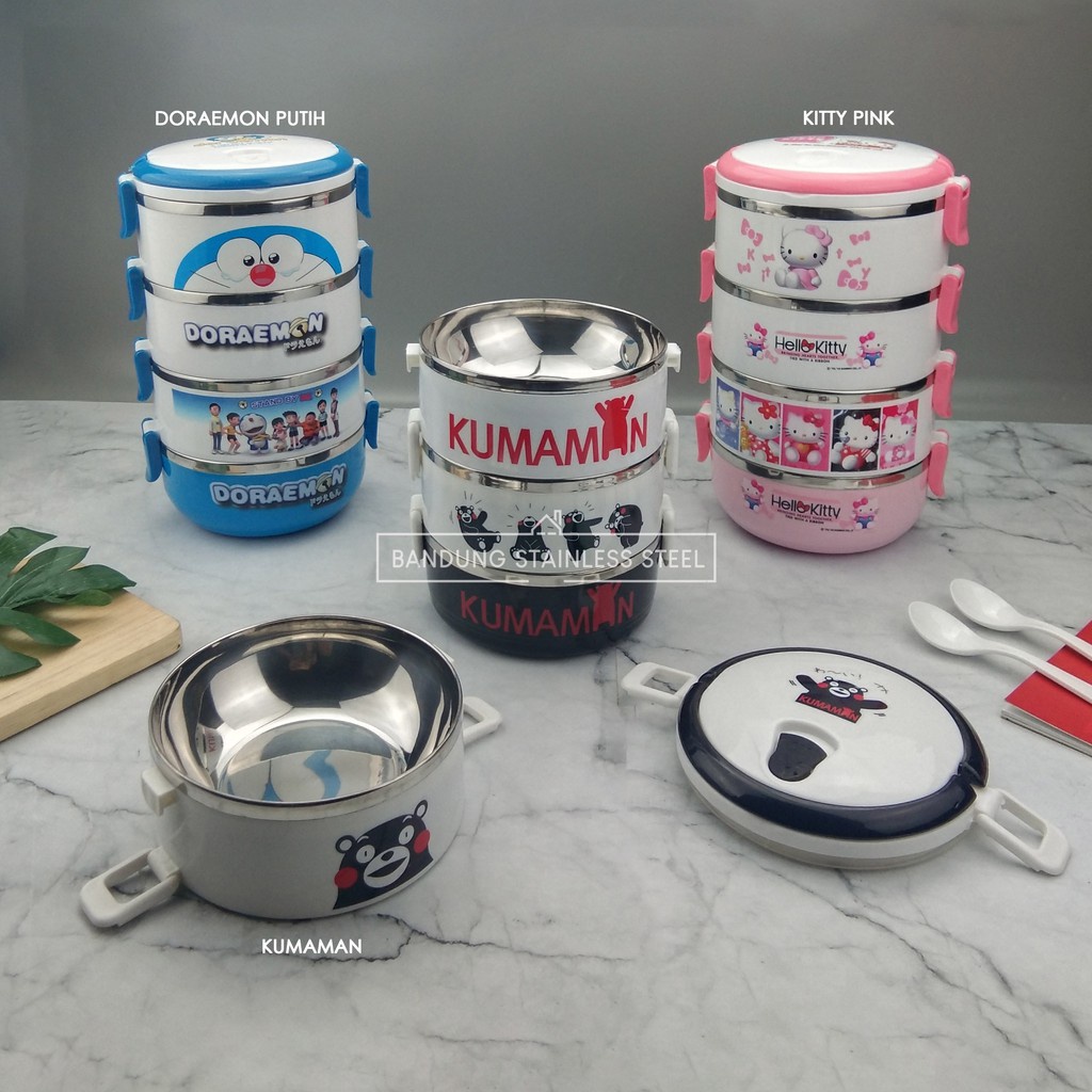 Rantang lucu 4 susun stainless steel lunch box karakter riilakuma Doraemon Hello kitty