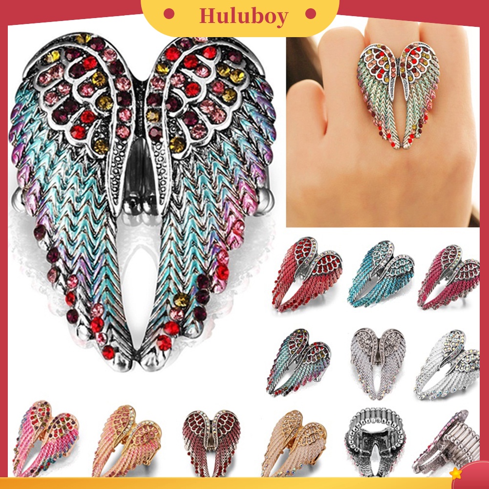 Hu Hu Hu Hu Hu Alat Bantu Pasang Kacamata♡ Cincin Wanita Desain Sayap Malaikat Hias Berlian Imitasi Warna Warni Menarik Untuk Hadiah