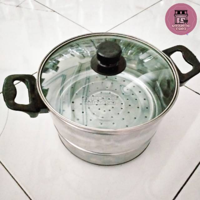 E.Baystore - Panci Dandang Kukus Steamer Stainless Ukuran 22 24 26Cm Tutup Kaca Kue Bolu Brownies