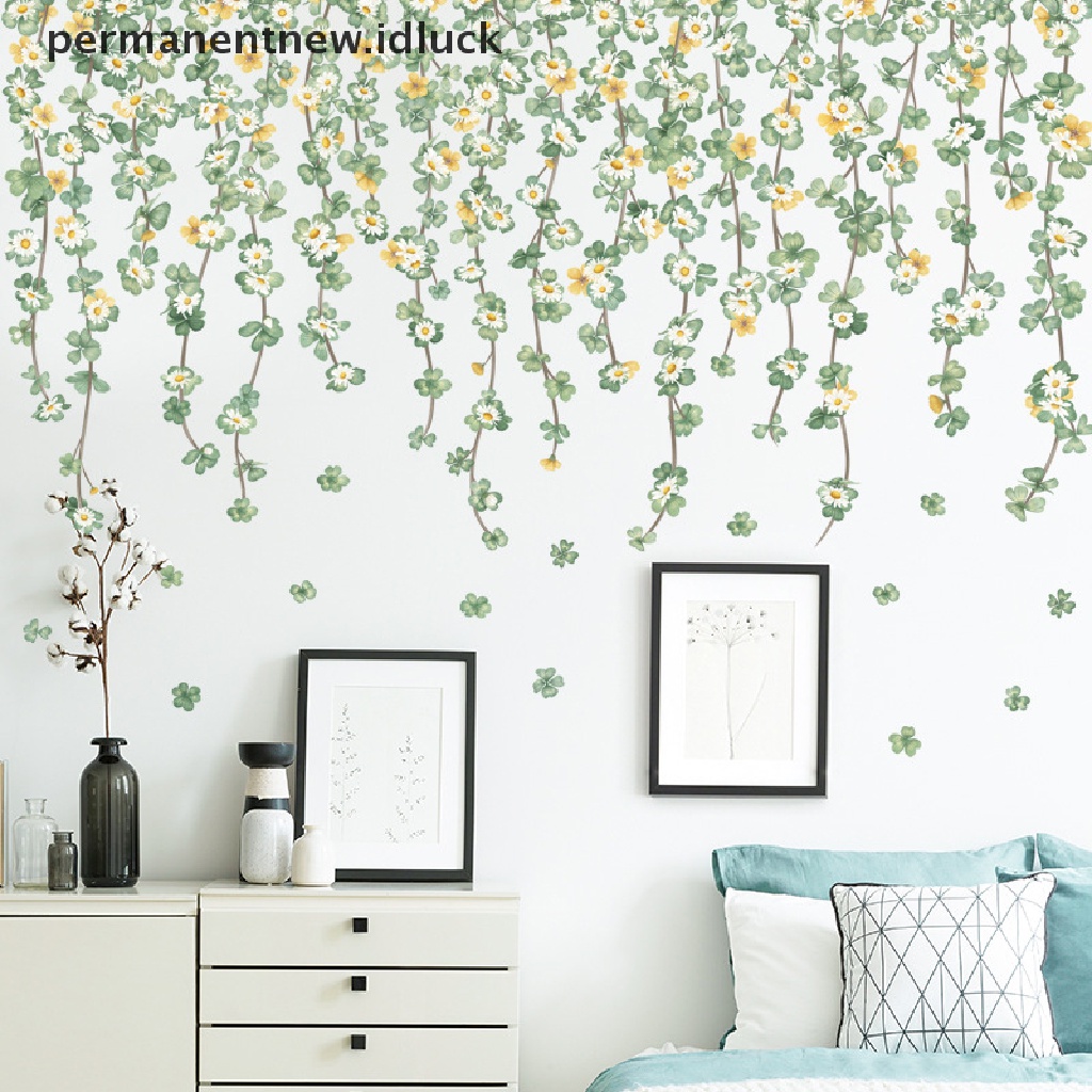 Stiker Dinding Motif Kartun Tanaman Clover Daisy Bahan Vinyl Untuk Dekorasi Ruang Tamu