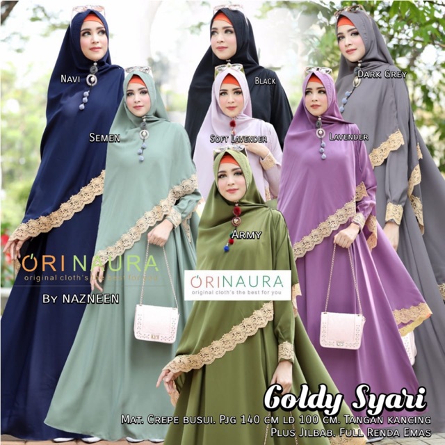 Gamis GOLDY SYARI Dress Crepe Polos Kombinasi Renda Gold Emas Gratis Jilbab Busui ori Naura
