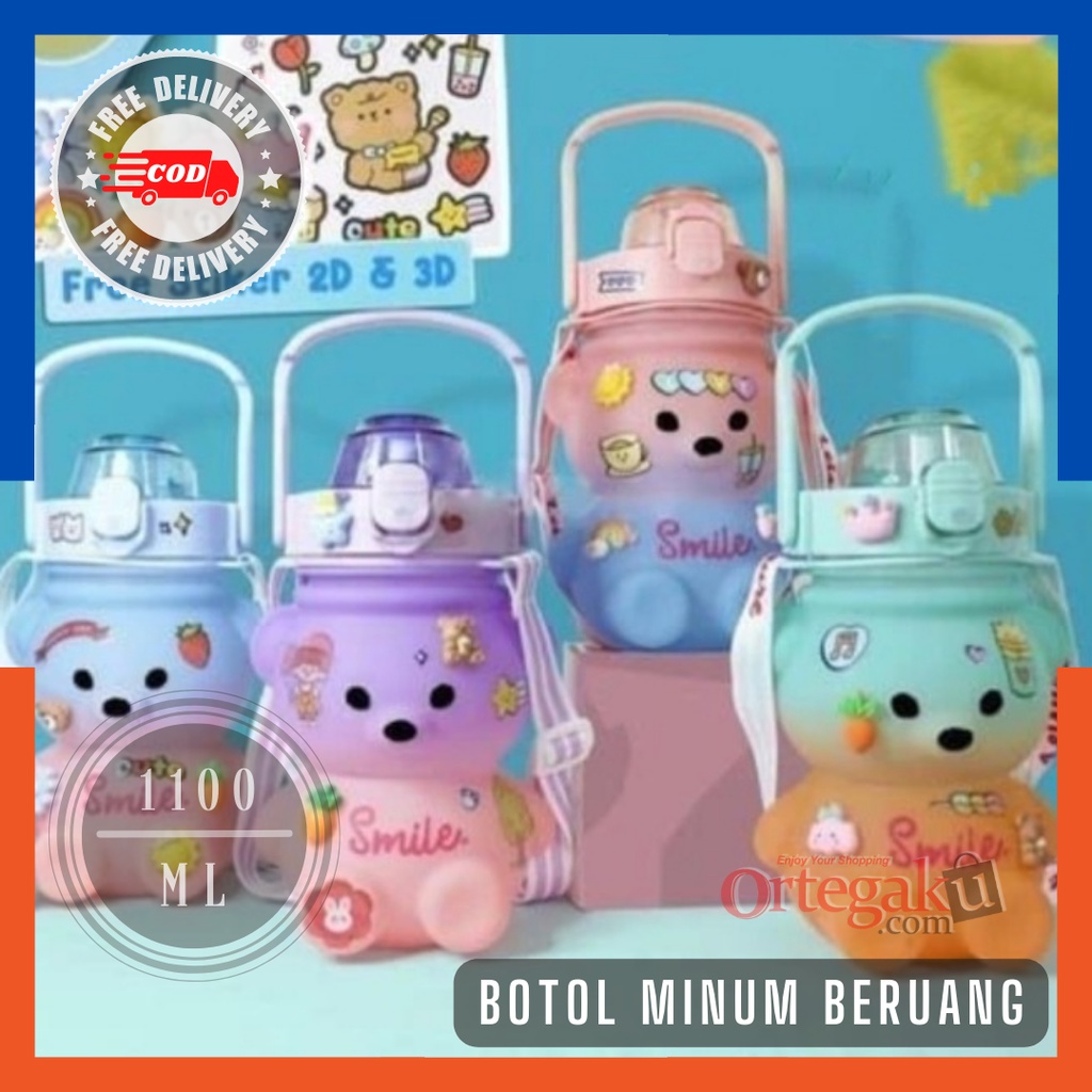 BOTOL MINUM ANAK VIRAL TEDY BEAR TALI PANJANG KAPASITAS 1100 ML Bpa Free | BOTOL GEMOY KARAKTER BERU