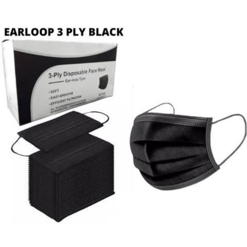 Masker Hitam Polos Korea Earloop 3PLY Face Mask Dewasa