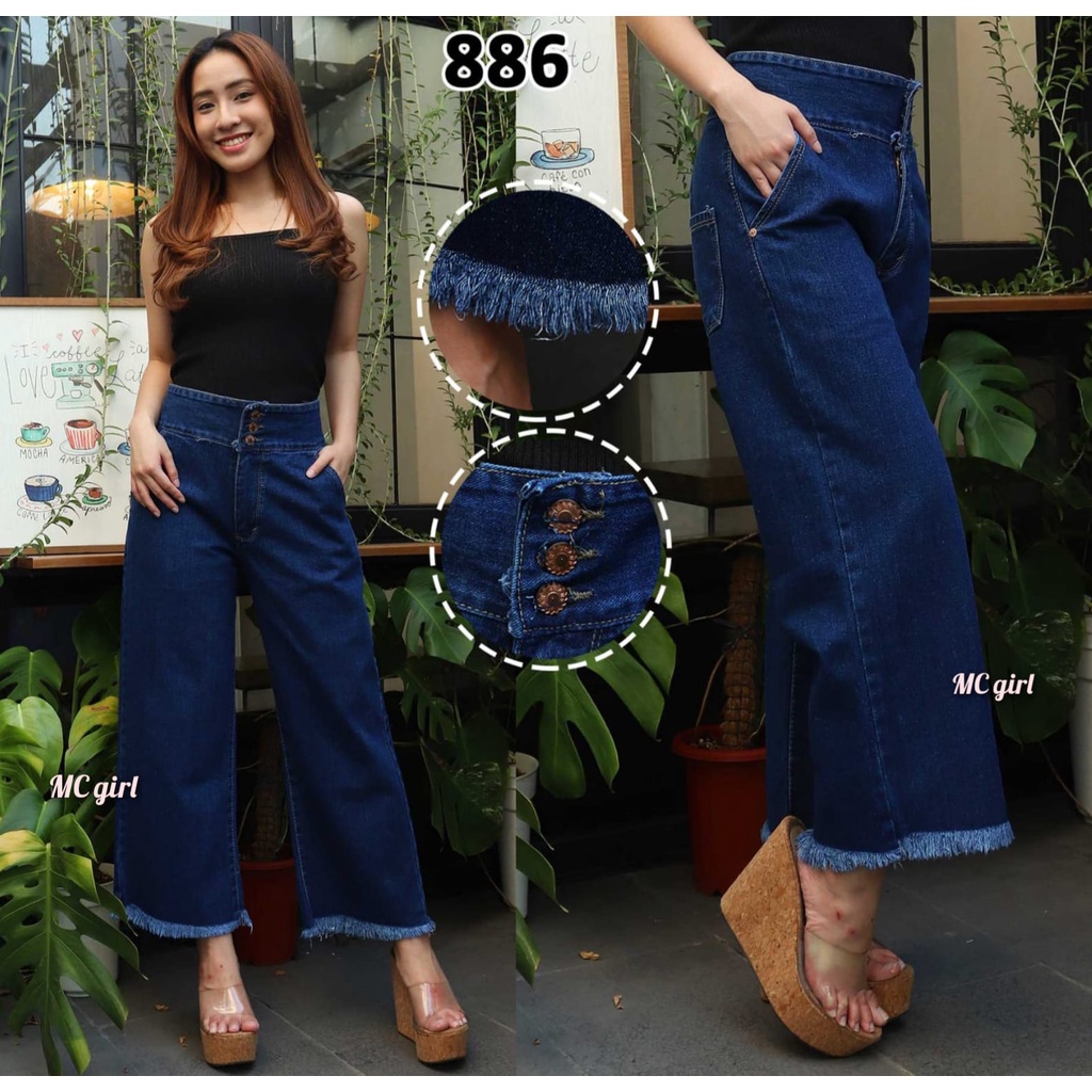 MC girl -  Kulot Jeans Rawis 7/9 Kancing 3 Wanita / Celana Jeans Kaki Lebar Rumbai Kancing Tiga 7/9