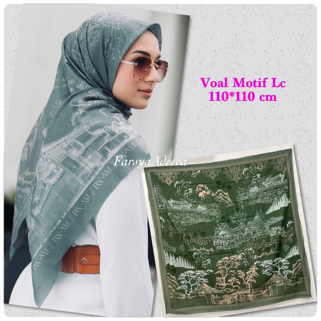 Kerudung segiempat motif terbaru segiempat motif deenay kw bahan voal grosir segiempat motif termurah Safa Hijab-TREE GREEN