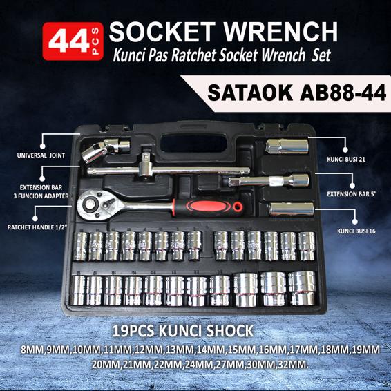 Kunci Shock / Sok Set 44 Pcs YUKIDO 44 PC Set Socket (1/4 &quot;) Full Lengkap Socket Tool Kit Pas Ring Motor Mobil Kunci Socket Wrench Pas Sok Shock Sock Set 44 Pc Spanner