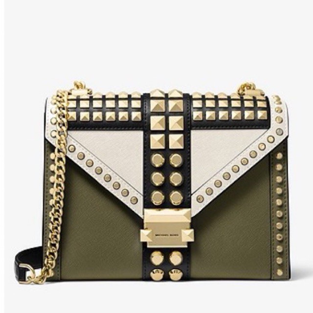MICHAEL KORS Whitney Large Studded Saffiano Leather Convertible Shoulder Bag MK olive combo