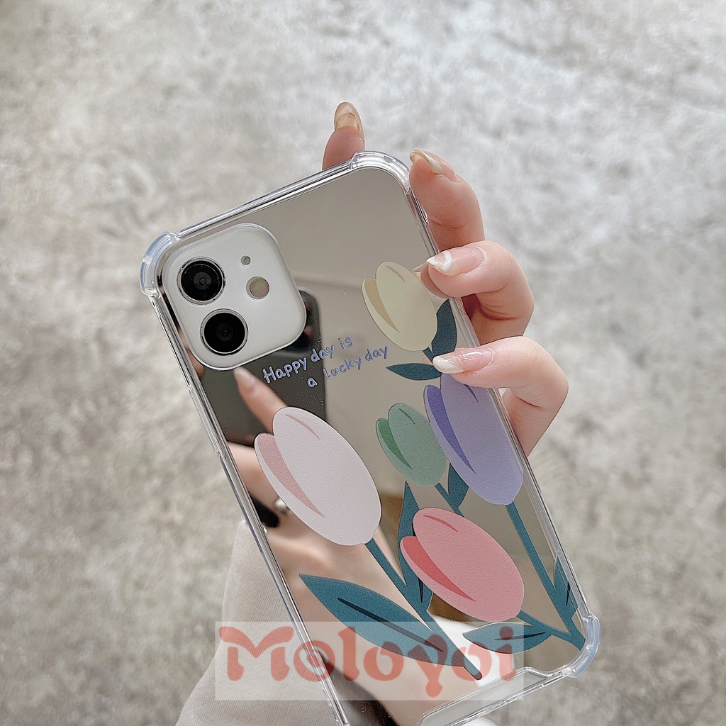 Soft Case Tpu Motif Bunga Tulip Dengan Cermin Untuk IPhone 11 Pro Max 7 8 13 11 12 Pro Max 7 Plus 8 Plus X XS Max XR SE 2020