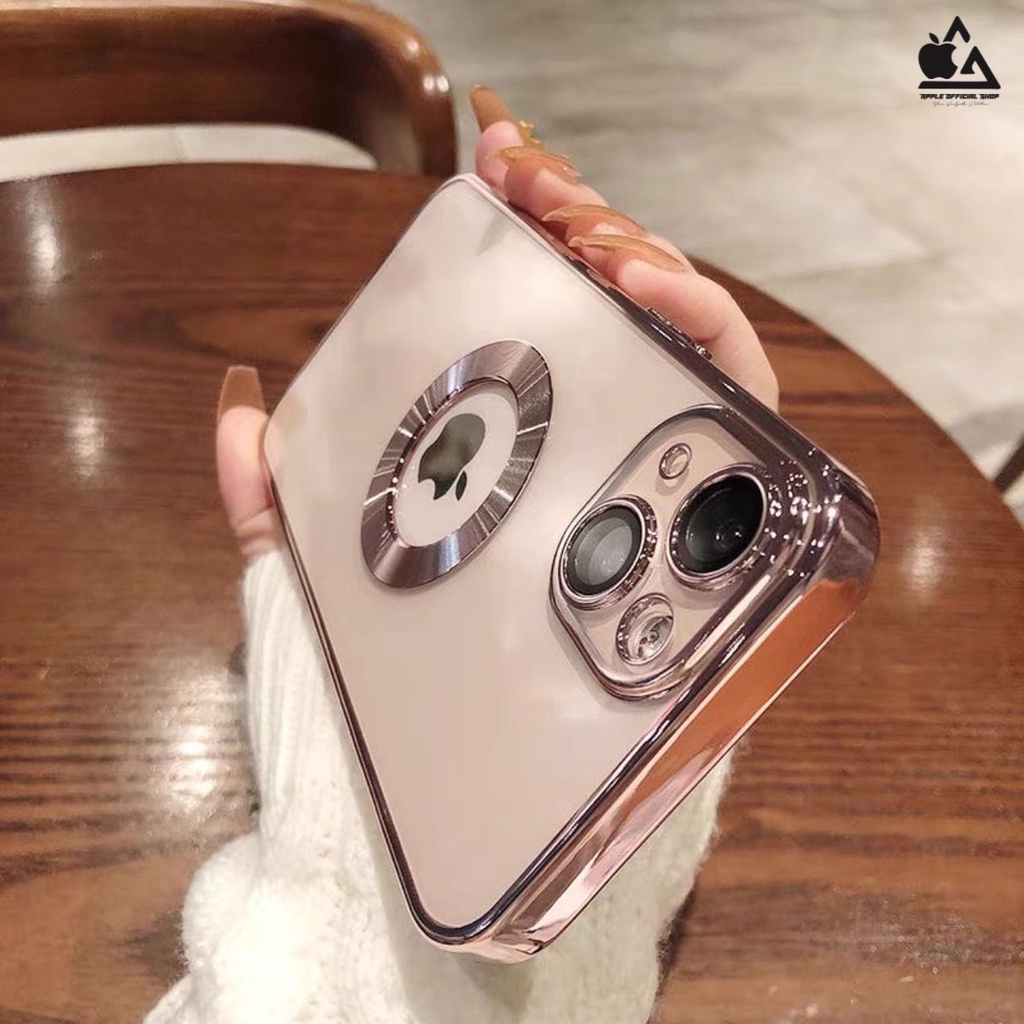 Premium Softcase Square Edge Clear Chrome iPhone 12 12 PRO MAX 11 PRO MAX XR 7 7+ 8 8+ SE 2 XS MAX  Lensa Soft Case Logo Apple Krom Electroplated Camera Pelindung Kamera Softcase Silikon Jelly Clear Cover Bukan Hardcase Silicone