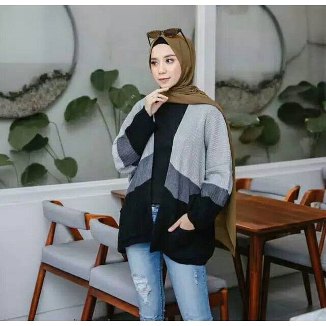 MAHERA CARDIGAN | CARDIGAN RAJUT KOMBINASI 3 WARNA | TRITONE COMBI CARDIGAN | KARDIGAN STRADIVARIUSE