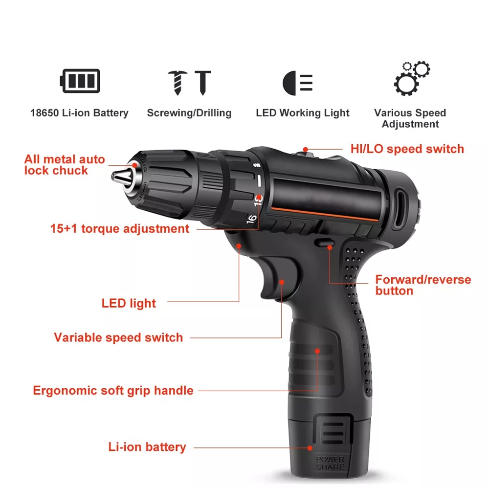 Mesin Bor Cordless/Bor Baterai/ Bor Listrik/Beton Besi Kayu Dengan Box Set Pilihan Bor Tanpa Kabel