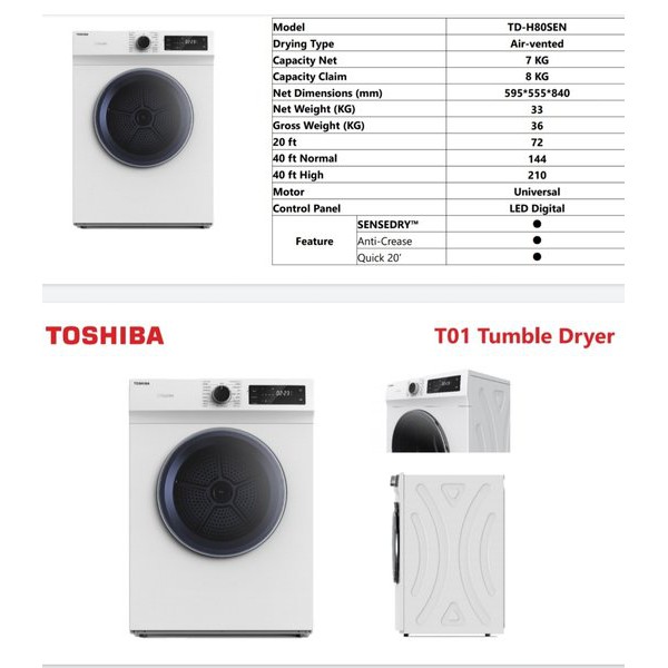 TOSHIBA TD-H80SEN Mesin Pengering Dryer SenseDry 8KG TDH80SEN Resmi