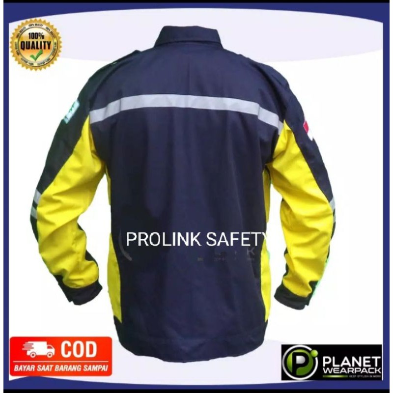 SEMI JAKET BAJU SAFETY KUNING NAVY BERLOGO K3 BENDERA KAIN DRILL WEARPACK ATASAN