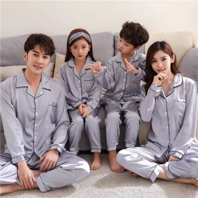 PIYAMA SATIN POLOS / BAJU TIDUR COUPLE KELUARGA / PIAMA SETELAN LENGAN PANJANG PASANGAN IBU DAN ANAK
