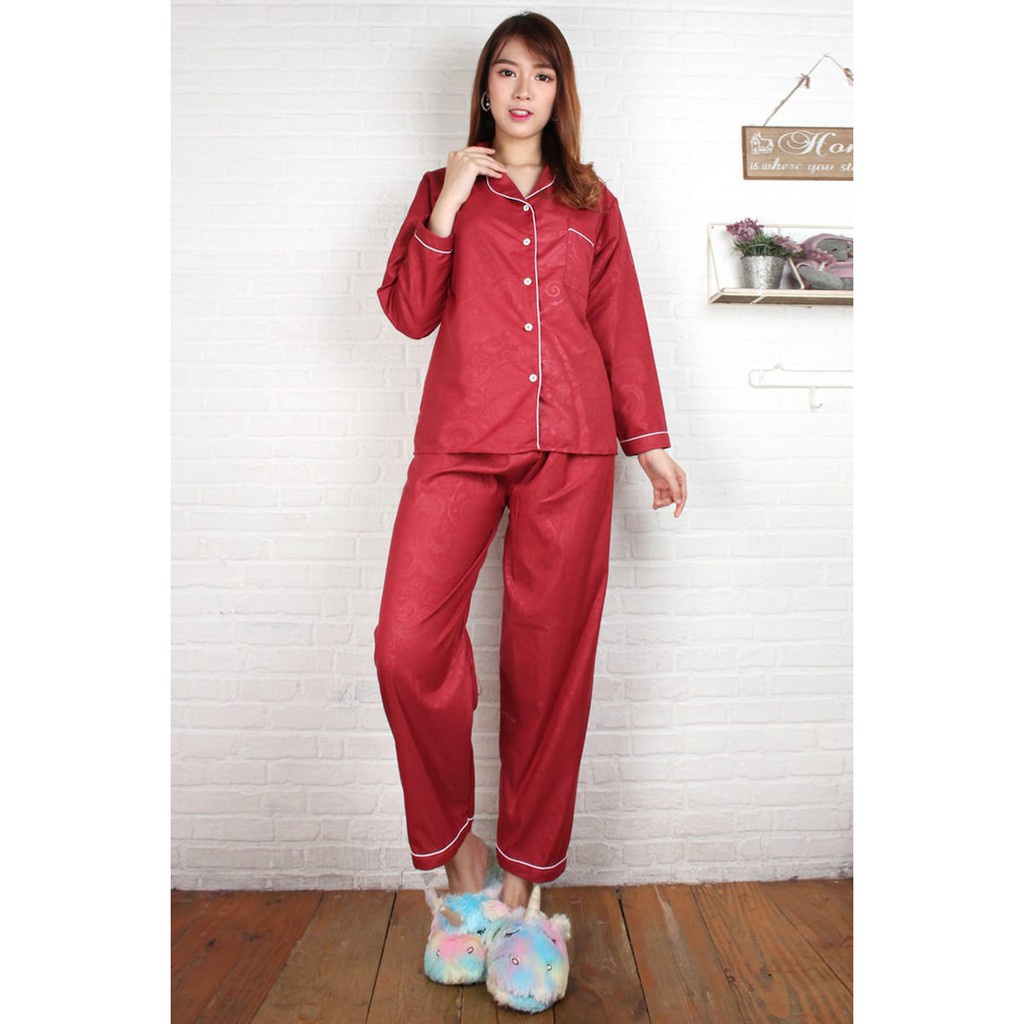 HipNop LP SATIN EMBOS BAJU TIDUR WANITA LENGAN CELANA PANJANG PIYAMA CEWE CEWEK SLEEPWEAR MAROON