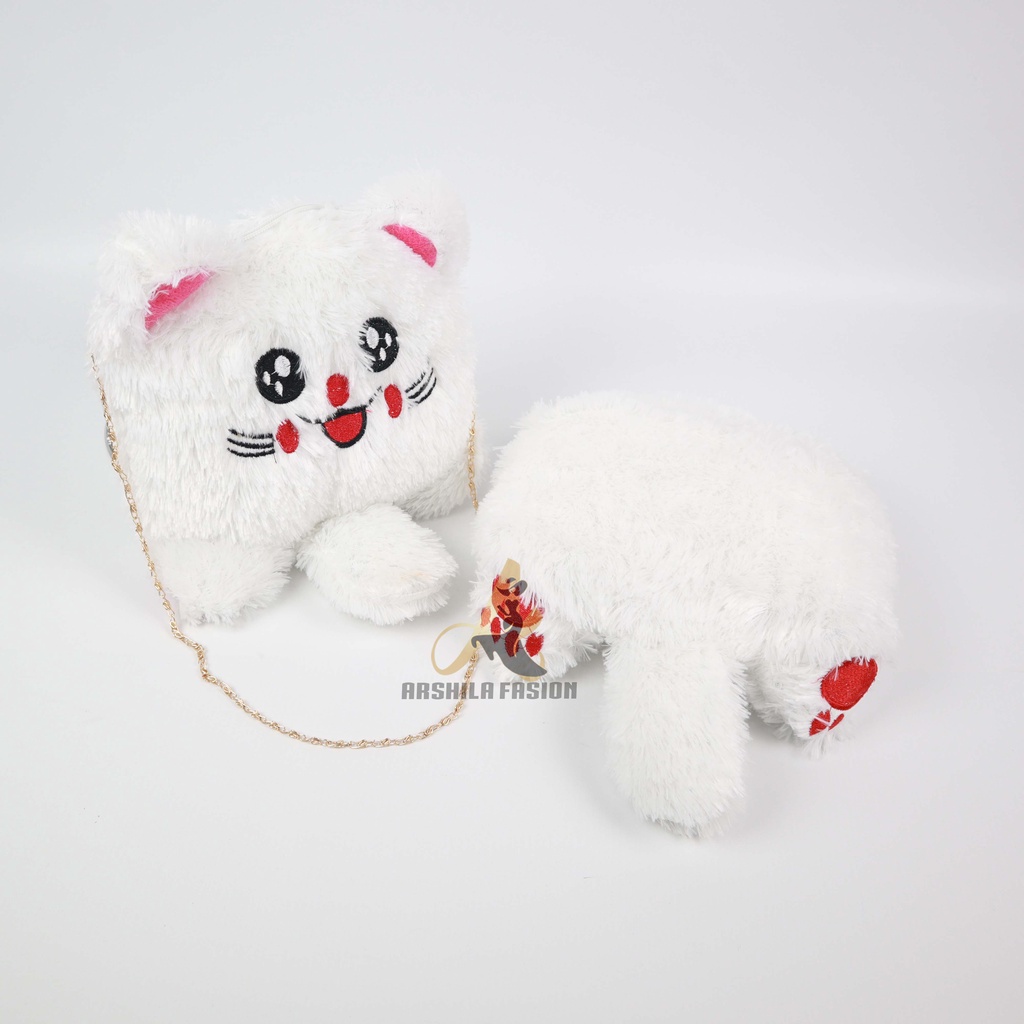 Tas Selempang bulu model Kucing / Selempang bulu lucu / tas boneka /Tas Bulu Boneka