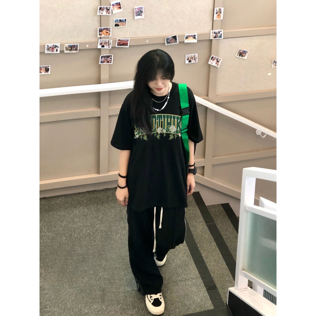 EUNII T-shirt Lengan Pendek Modis Mawar Putih Pencetakan Longgar Korean Style/Kaos Atasan Wanita/Baju Kaus Oversize Wanita