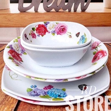 PROMO 6.PCS ISI 2.PCS PIRING KOTAK SAJI 2.PCS PIRING MAKAN CEKUNG 2.PCS MANGKOK SAYUR BAHAN MELAMINE WARE MOTIF