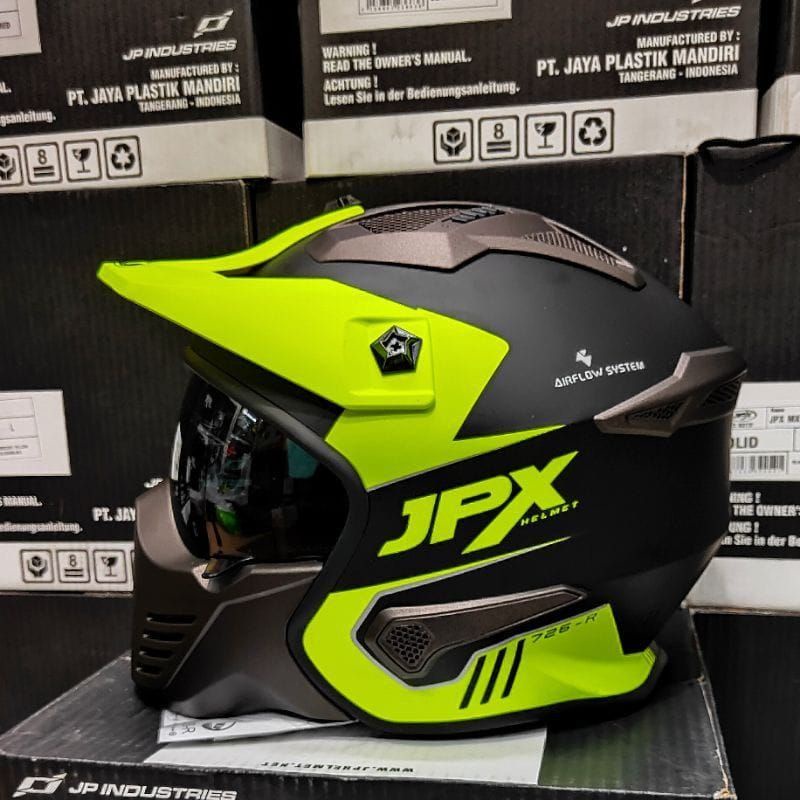 HELM JPX MX 726R BLACK DOFF YELLOW FLUO ORI HELM JPX MX726R HITAM DOFF HELM SEMICROSS SEMITRAIL JPX