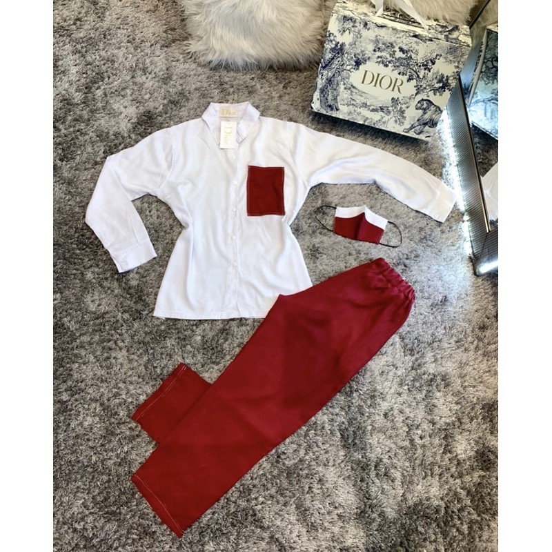 Baju Lengan Panjang One Set Dior Maroon Berbahan Cotton Atasan Kemeja Putih Celana Full Karet