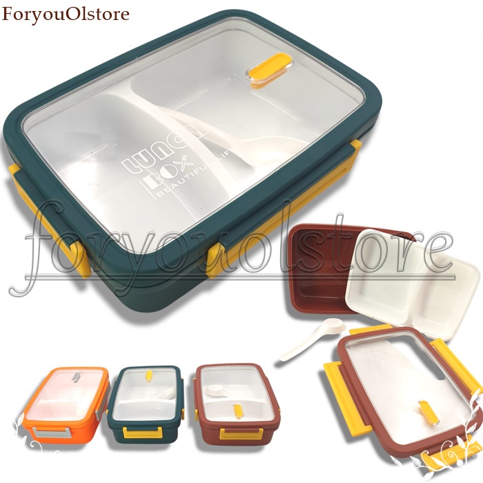 Tempat Makan Lunch Box/ Lunch Box  Set / Kotak Makan Transparan Bento Box 1100ml / BPA Free /  Anti bocor kotak makan/ Free Sendok/Kotak Bekal