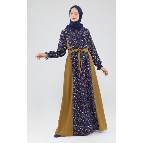 SUQMA Baju Long Dress Gamis Rayon Crepe Premium Motif Bunga Kecil Indigo Olive (DEADSTOCK)