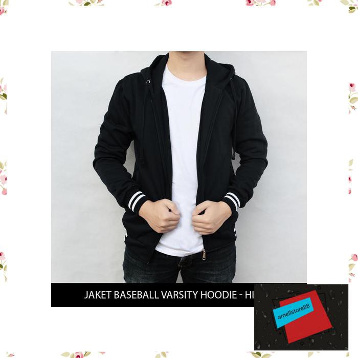 Jaket Pria parasut parka gunung Polos Baseball Varsity Hoodie Hitam TR14